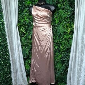 Galina Signature Dress Size 12 Gold One Shoulder Ruched Gown Formal Evening 3500